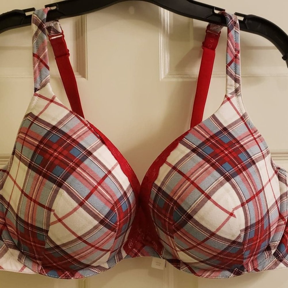Cacique Cotton Plaid Plunge Bra with Lace, 42DD